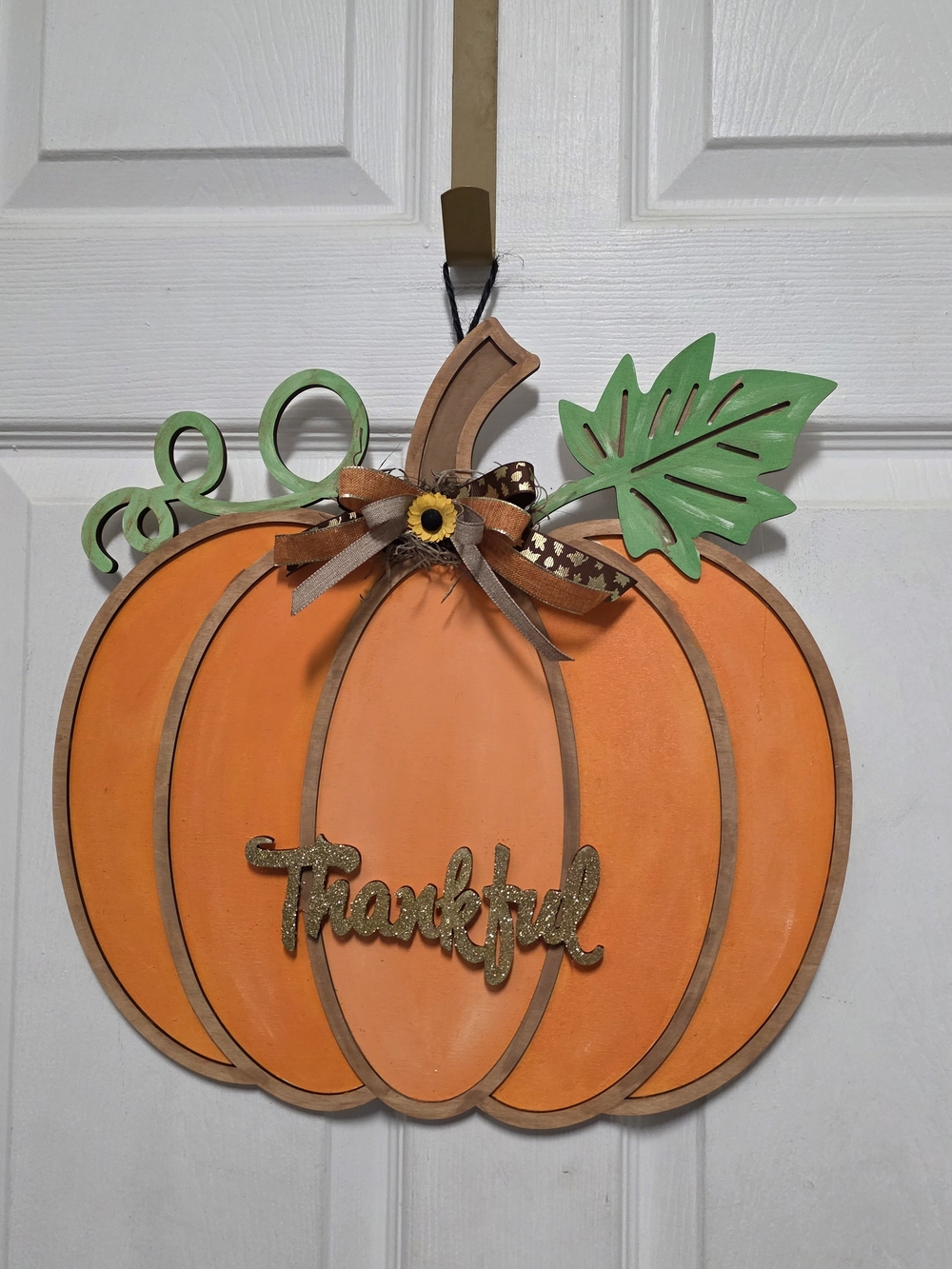 Thankful Orange Pumpkin Door Décor with Green Leaf Accent